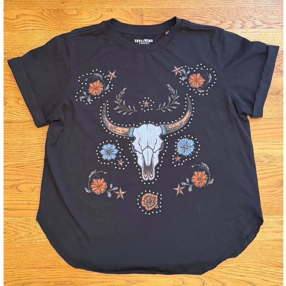 Idyllwind Miranda Lambert Black Bull Skull Floral Studded Graphic Tee Small